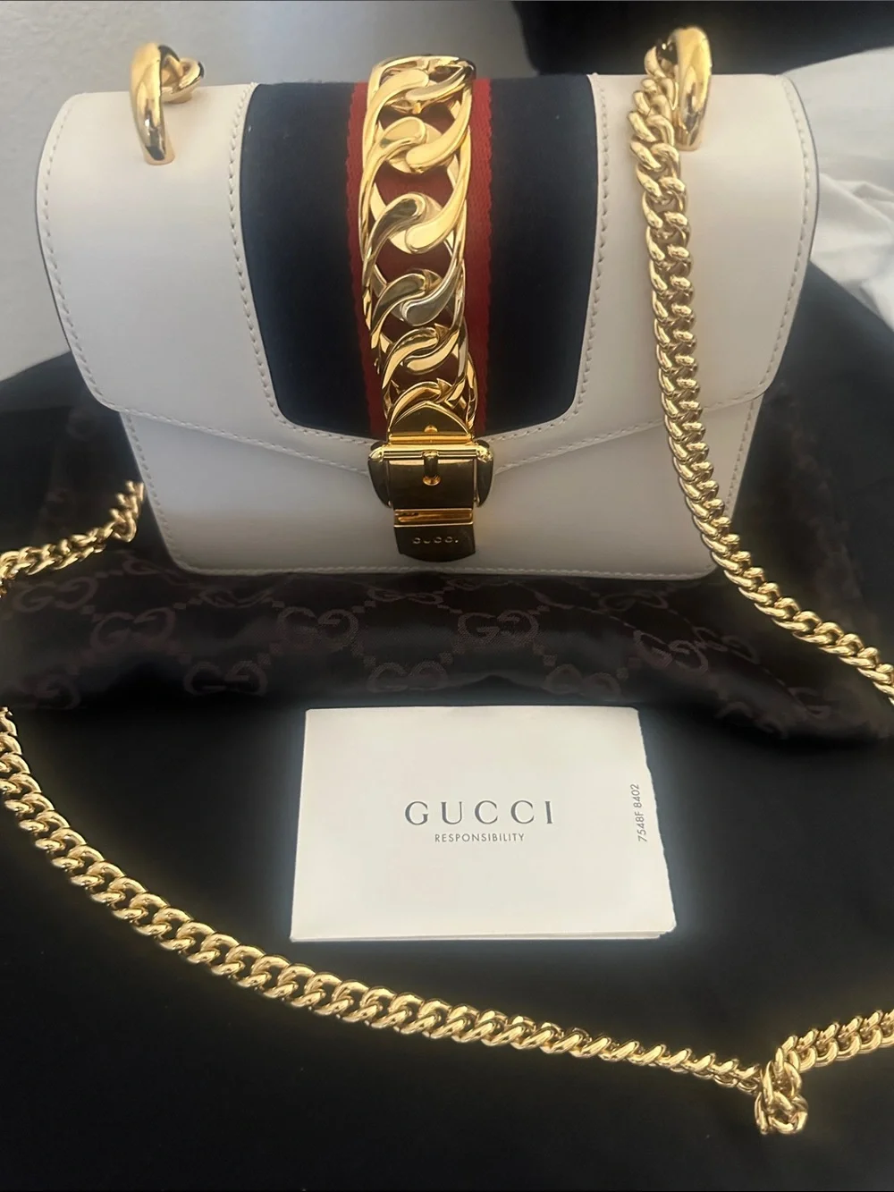Gucci White and red blue Leather Chain Crossbody with Gold Hardware